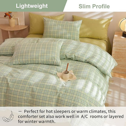 EAVD Modern Style Gingham Comforter Set King Pink Blue Green Grid Plaid Comforter Set Reversible Farmhouse Gingham Bedding Set with 2 Pillowcases Reversible Grid Checkered Bedding Set for All-Season