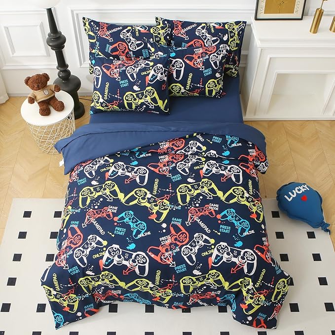 Glow in The Dark Kids Comforter Set, 7 Pieces Gamepad Pattern Bedding Set Full Size for Boys Girls Teen, 1 Comforter, 1 Pillowcase, 2 Pillow Shams