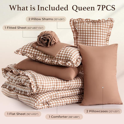 BDEUS 7 Pieces Gingham Ruffle Comforter Set Queen Size, Brown Grid Tartan Bedding Set, Soft Breathable Fabric Comforter with Flat Sheet, Fitted Sheet, 2 Pillowcases & 2 Shams, 88"X88"