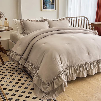 AIKASY Taupe Comforters King Size Set, Vintage Boho Chic Farmhouse Bedding Sets Shabby Ruffle Queen Bed Comforter Bedding 3PCS（1 Comforter and 2 Pillowcases）