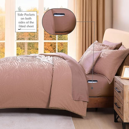 Geniospin King Size Comforter Set - 7 Pieces Dusty Pink Bedding Set, Botanical Textured Comforter Bed Set, All Season Lightweight Bed in a Bag with Comforter, Sheets, Pillowcases & Shams
