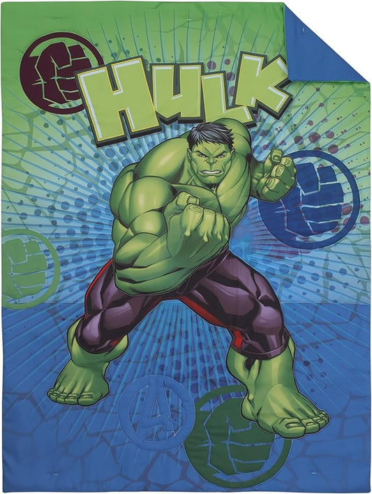 NoJo Marvel The Incredible Hulk Green, and Blue 4 Piece Toddler Bed Set - Comforter, Fitted Bottom Sheet, Flat Top Sheet, and Reversible Pillowcase
