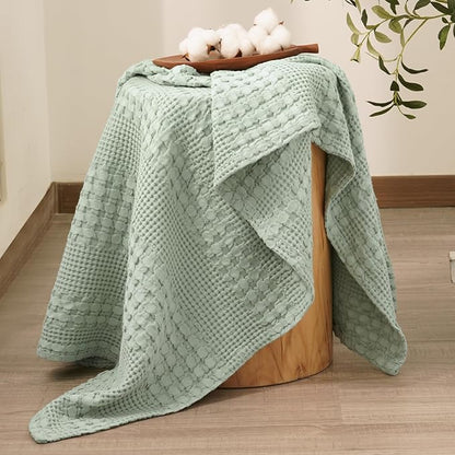 PHF 100% Cotton Waffle Weave Throw Blanket, Soft Lightweight Breathable Cozy Throws for Couch Bed Sofa, Luxury Aesthetic Blanket Gift for Home Decor & Office, 50"x60", Mint Green