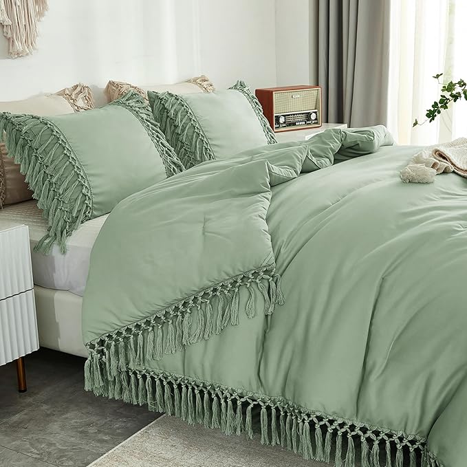 Andency Full Size Comforter Set Sage Green, 3 Pieces Boho Tassel Lightweight Vintage Soft Bedding Comforter Sets, All Season Fluffy Fringe Bed Set (79x90In Comforter & 2 Pillowcases)