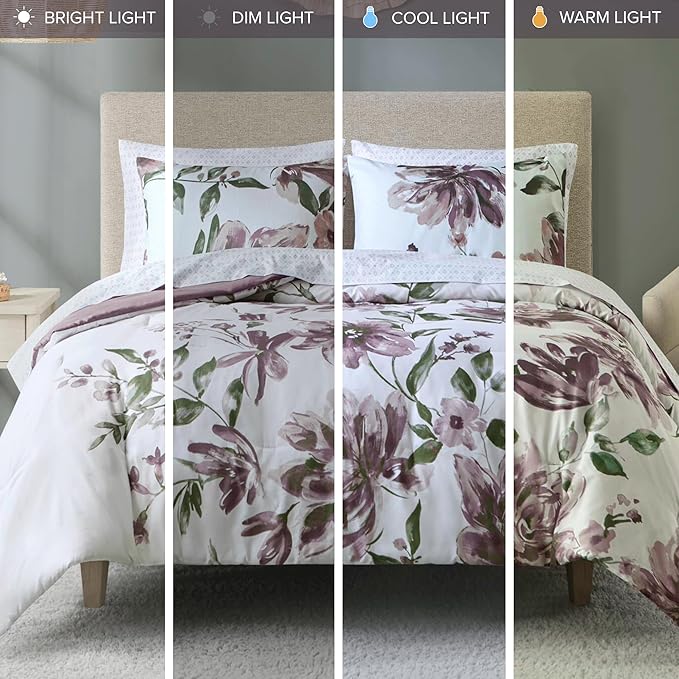 Madison Park Queen Comforter Set with Sheets, Floral Print, Microfiber Comforter for a Queen-Size Bed, Shabby Chic Bed in a Bag Set Diamond Printed Sheet, Alice, Queen Mauve 7 Piece