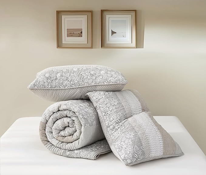 Chezmoi Collection Robyn 3-Piece Neutral Taupe Gray White Floral Hibiscus Flower Patchwork Striped Quilt Set - Pre-Washed Cotton Coverlet - Lightweight Reversible Bedspread, King Size