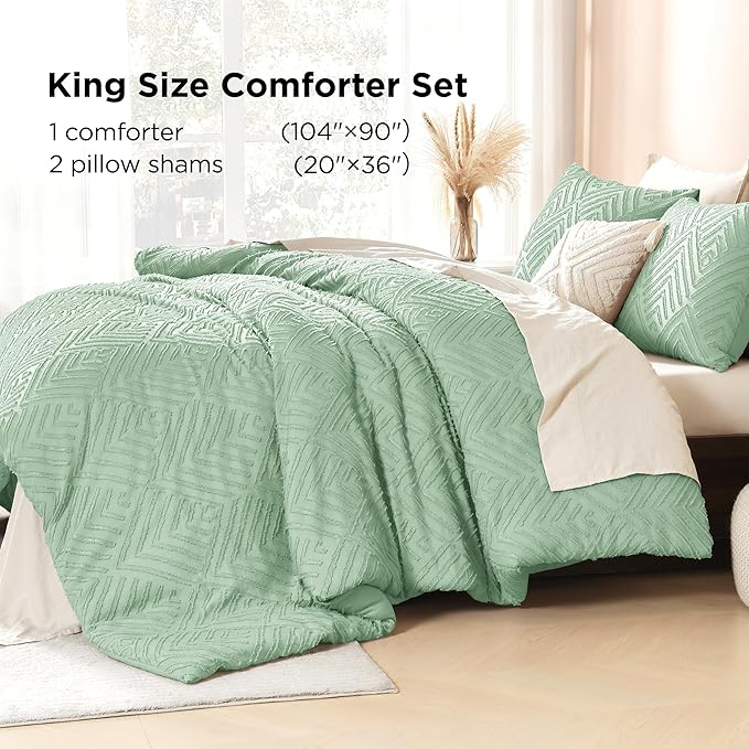 Litanika Sage Green King Size Comforter Set, 3 Pieces Tufted Boho Farmhouse Bedding Comforter Sets, Lightweight Fluffy Comforter Bed Set for All Season (104x90In Comforter and 2 Pillowcases)