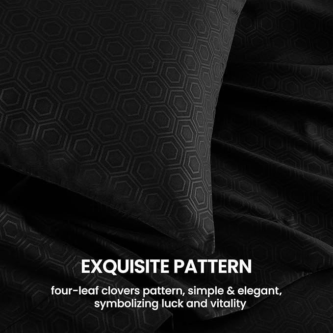 SLEEP ZONE Luxury Embossed Sheets Set Full Size, Black Honeycomb Pattern Sheet & Pillowcase Sets 4 Piece - Super Soft, Wrinkle Free, Fade Resistant, Deep Pocket 16" (Black, Full)