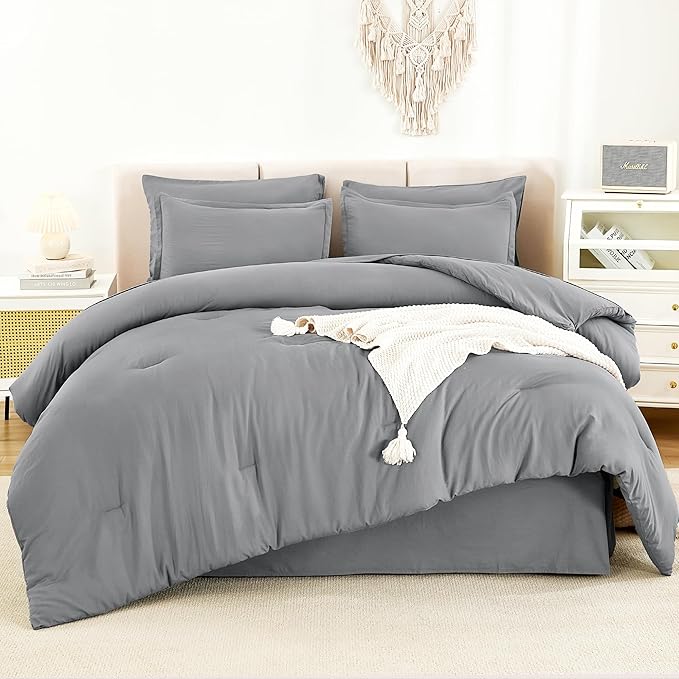 Litanika Full Size Comforter Sets Medium Gray - 7 Pieces Bed in a Bag Full Bedding Comforter Sets, Solid Lightweight Bed Set with Comforter, Sheets, Pillowcases & Shams
