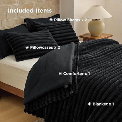 Bedsure Gentlesoft™ 2-in-1 Queen Comforter Set and Detachable Fluffy Blanket, Black Bedding Set for All Season Use, SnapTech™ Design for Space Saving (Includes 2 Pillow Shams, 2 Pillowcases)