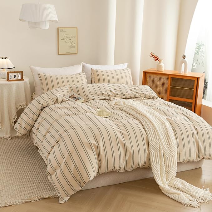 ECOCOTT Duvet Cover King Size - Linen Feel Organic Natural 100% Washed Cotton, Soft Breathable & Durable Bedding Set, Comfy Stripe Design for All Seasons