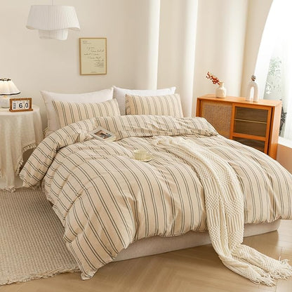 ECOCOTT Duvet Cover King Size - Linen Feel Organic Natural 100% Washed Cotton, Soft Breathable & Durable Bedding Set, Comfy Stripe Design for All Seasons