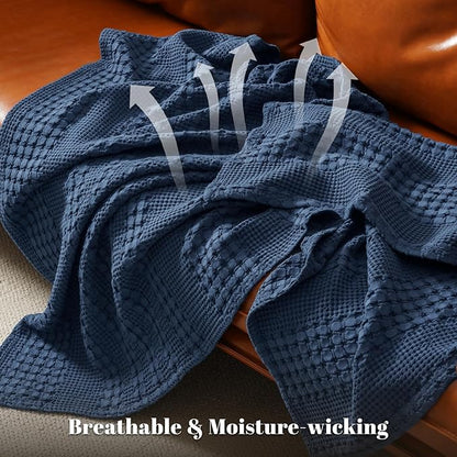 PHF 100% Cotton Waffle Weave Blanket Queen Size for Bed, Soft Lightweight & Breathable for Spring and Summer, All-Season Comfort, Luxury Aesthetic Blanket for Home Decor, 90"x90", Blue Sapphire