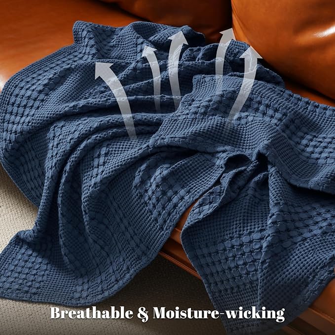 PHF 100% Cotton Waffle Weave Blanket Twin Size for Bed, Soft Lightweight & Breathable for Spring and Summer, All-Season Comfort, Luxury Aesthetic Blanket for Home Decor, 66"x90", Blue Sapphire