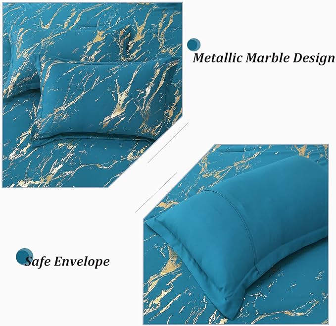 WONGS BEDDING Teal Gold Metallic Marble Comforter Set Queen Foil Print Glitter Bedding Sets with 2 Pillowcases for All Seasons, Soft Microfiber Filling Bedding Duvet Set 90"x90"