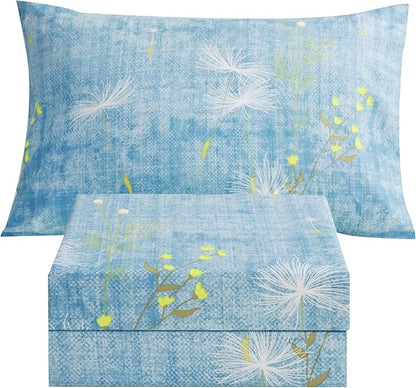 JSD Blue Floral Print Sheet Set Twin Size, 3 Piece Soft Botanical Microfiber Sheets Extra Deep Pocket Wrinkle Free