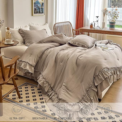 AIKASY Taupe Comforters King Size Set, Vintage Boho Chic Farmhouse Bedding Sets Shabby Ruffle Queen Bed Comforter Bedding 3PCS（1 Comforter and 2 Pillowcases）