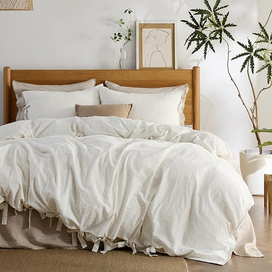Bedsure Striped Duvet Cover Queen Size – Moisture-Wicking Eucalyptus Lyocell, Cotton & Linen Hybrid Comforter Cover Set with Bowknot Ties Closure – GentleSoft™ & Breathable Bedding Set–White