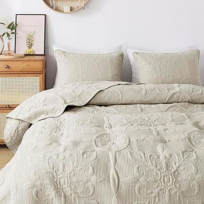 Light Beige Damask Quilt King Size Bedding Sets with 2 Pillow Shams, Boho Bedspread Lightweight Soft Farmhouse Vintage Bohemian Coverlet Retro Jacquard Pattern Bed Cover for All Season, 3 Pieces