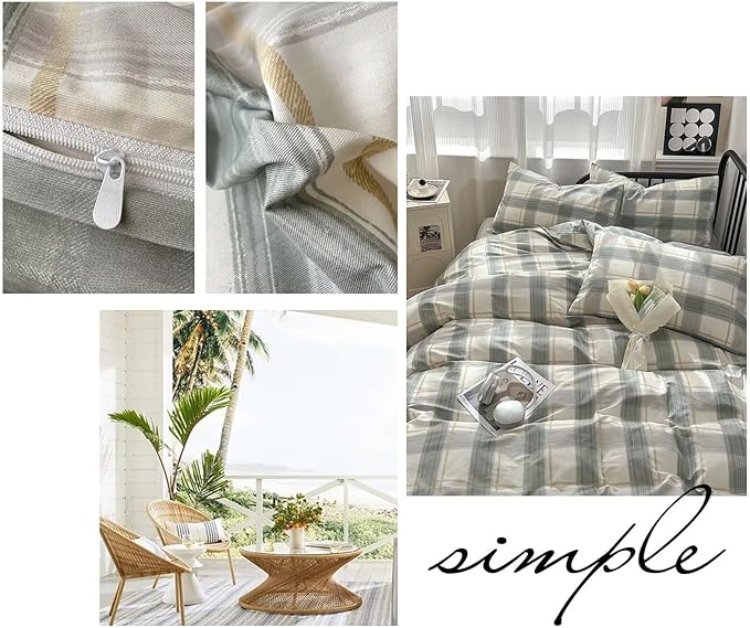 MKXI Vintage Green Plaid Duvet Cover Set with Checkered Design Farmhouse Look Gingham Modern Bedding Twin Size Classic Rustic Bedroom Collection for All Ages