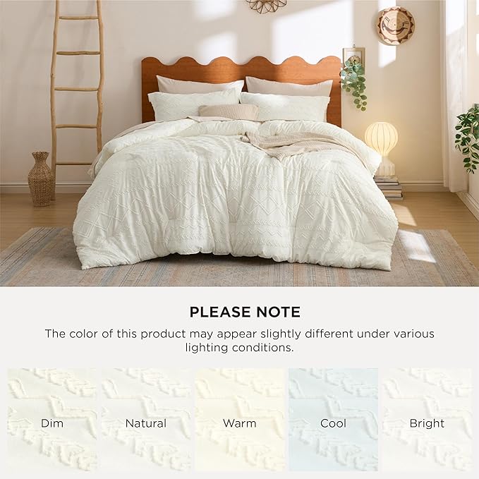 Bedsure Tufted Boho Comforter Set Queen Size - White Boho Bed Set, GentleSoft™ 3 Pieces Farmhouse Shabby Chic, Home Decor Bedding, Gifts for Woman, Soft Jacquard Queen Comforter for All Seasons