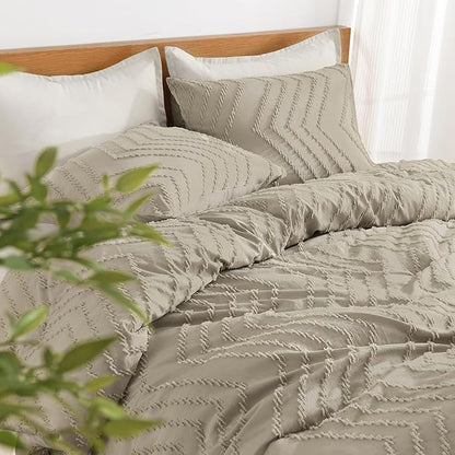 Litanika Comforter Oversized King Size Set Oatmeal, 3 Pieces Chevron Tufted Solid Bedding Comforter Sets, Fluffy Bed Set