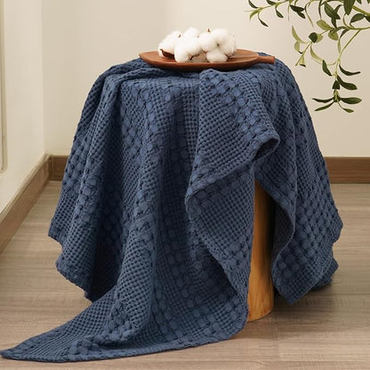 PHF 100% Cotton Waffle Weave Throw Blanket, Soft Lightweight Breathable Cozy Throws for Couch Bed Sofa, Luxury Aesthetic Blanket Gift for Home Decor & Office, 50"x60", Indigo