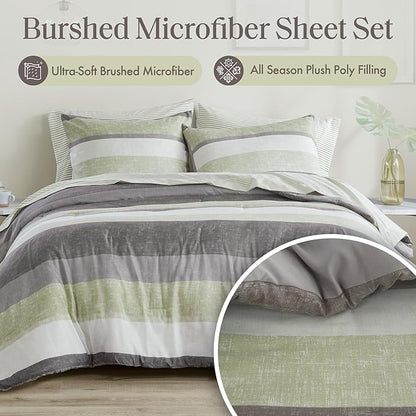 Madison Park Essentials Jaxon Queen Comforter Set, Bed in A Bag Comforter & Sheet Set, Modern Casual Stripes Print, All Seasons, Soft Bedding Makeover, Matching Sham, Queen Green/Grey 7 Piece