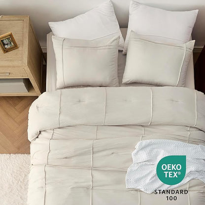 Bedsure Queen Comforter Set with Sheet - 4 Pieces Soft Beige Bedding, Grid Pinch Pleat, All Season Lightweight Fluffy Bed Set with Solid Boho Comforter, Pillowcases & Sheet