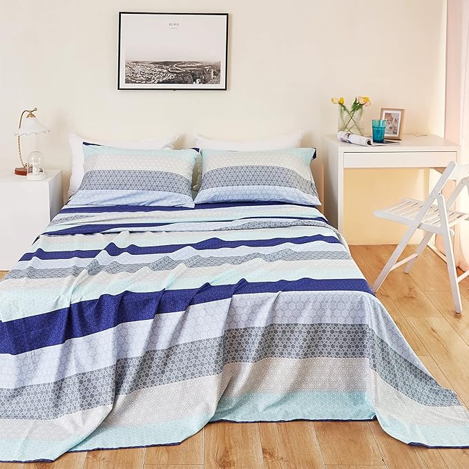 JSD Blue Striped Sheet Set King Size, 4 Piece Soft Printed Microfiber Sheet Set Extra Deep Pocket