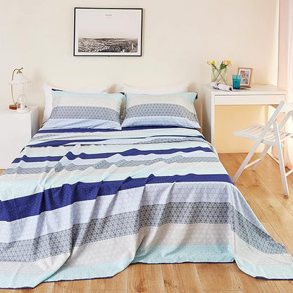 JSD Blue Striped Sheet Set King Size, 4 Piece Soft Printed Microfiber Sheet Set Extra Deep Pocket