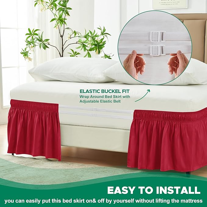 Biscaynebay Wrap Around Bed Skirts for Full & Full XL Beds 15" Drop, Red Adjustable Elastic Dust Ruffles Easy Fit Wrinkle & Fade Resistant Silky Luxurious Fabric Machine Washable