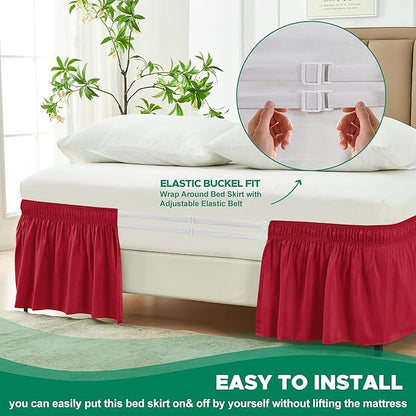 Biscaynebay Wrap Around Bed Skirts for Full & Full XL Beds 15" Drop, Red Adjustable Elastic Dust Ruffles Easy Fit Wrinkle & Fade Resistant Silky Luxurious Fabric Machine Washable