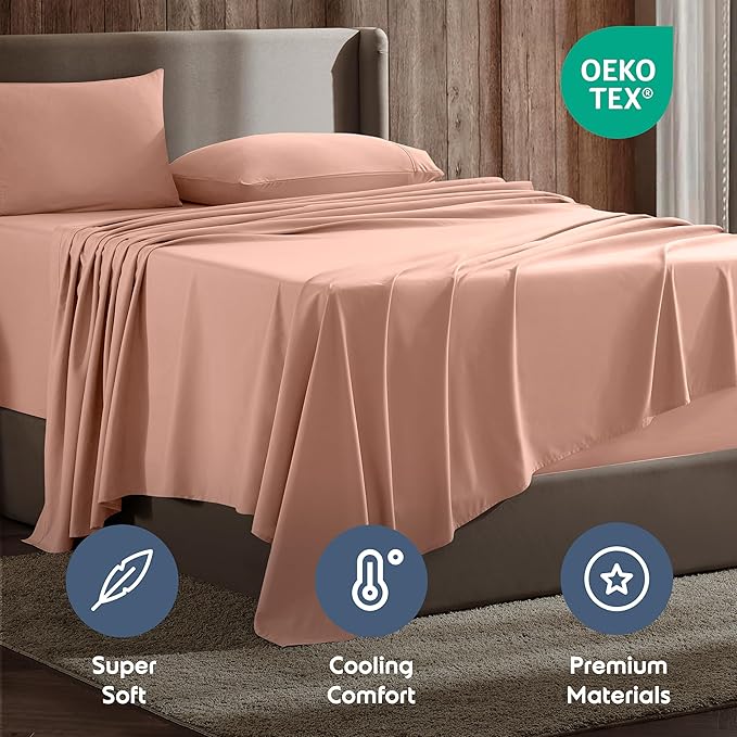 Nestl Queen Sheet Set - Luxury 1800 Ultra-Soft Microfiber Bed Sheets - Double Brushed - Deep Pockets - Easy Fit - 4 Piece Set - Bedding Sheets & Pillowcases (Queen, Peach)