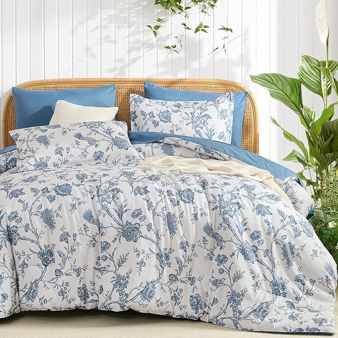 Luxudecor Floral Comforter Set King Size 7 Pieces, Blue Flower with Bird Bed in a Bag, Soft Reversible Comforter with Sheet Bed Set 104"x90"