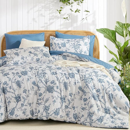 Luxudecor Floral Comforter Set King Size 7 Pieces, Blue Flower with Bird Bed in a Bag, Soft Reversible Comforter with Sheet Bed Set 104"x90"