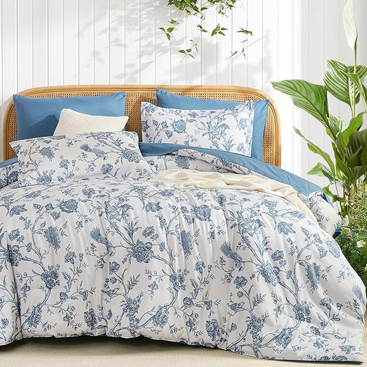 Luxudecor Floral Comforter Set King Size 7 Pieces, Blue Flower with Bird Bed in a Bag, Soft Reversible Comforter with Sheet Bed Set 104"x90"