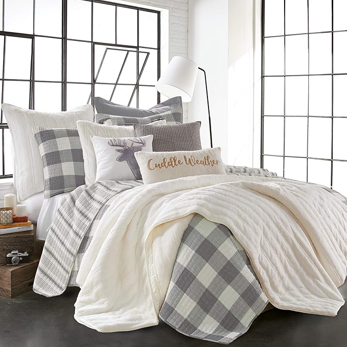 Levtex Home - Camden Quilt Set -Twin Quilt + One Standard Pillow Sham - Buffalo Check in Grey and Cream - Quilt Size (68 x 86 in.) and Pillow Sham Size (26 x 20 in.) - Reversible Pattern - Cotton