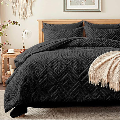 Zzlpp Twin Comforter Set 5 Pieces, Black Tufted Bed in a Bag with Comforter and Sheets, All Season Boho Bedding Sets with 1 Comforter, 1 Pillow Sham, 1 Pillowcase, 1 Flat Sheet, 1 Fitted Sheet