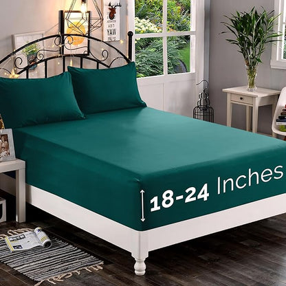 Elegant Comfort 1500 Premium Quality Fitted Sheet Ultra Soft 18-24 Inch Extra Deep Pocket - Single Fitted Sheet for High Mattress - Wrinkle Free with Smart Storage Pockets, Full, Marine Teal