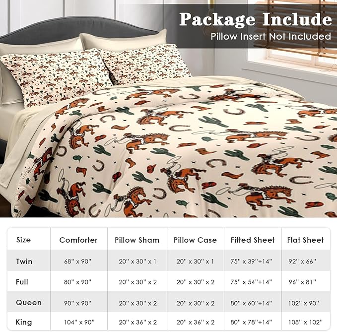 Comforter Set Full Size, Western Cactus Cowboy Vintage 7 Pcs Bedding for Kids and Adults, Boho Retro Cowgirl Bed Sheet Sets with Fitted Sheet 2 Pillowcases & 2 Shams for Bedroom Bed Decor