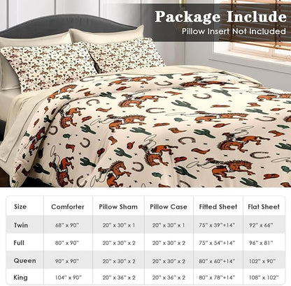 Comforter Set Full Size, Western Cactus Cowboy Vintage 7 Pcs Bedding for Kids and Adults, Boho Retro Cowgirl Bed Sheet Sets with Fitted Sheet 2 Pillowcases & 2 Shams for Bedroom Bed Decor