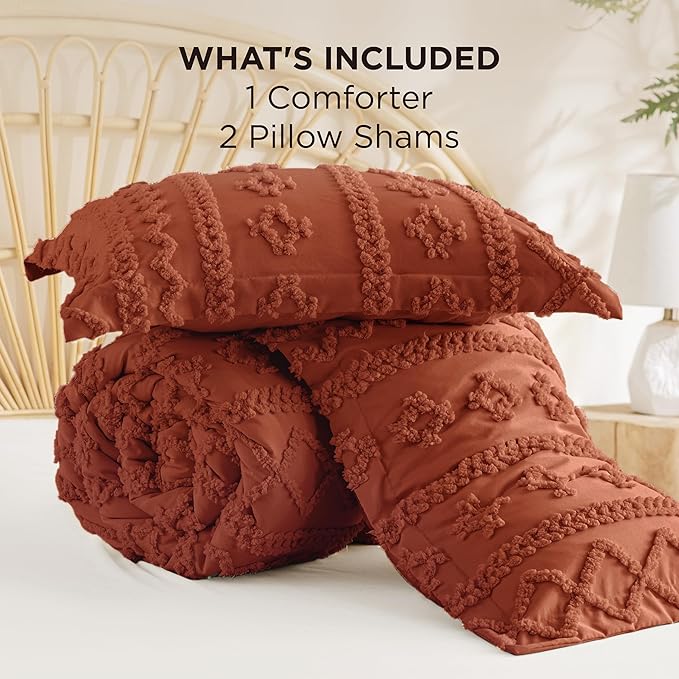 Bedsure Tufted Boho Comforter Set King Size - Terracotta Boho Bed Set, GentleSoft™ 3 Pieces Farmhouse Shabby Chic Embroidery Bedding, Gifts for Woman, Soft Jacquard King Comforter for All Seasons
