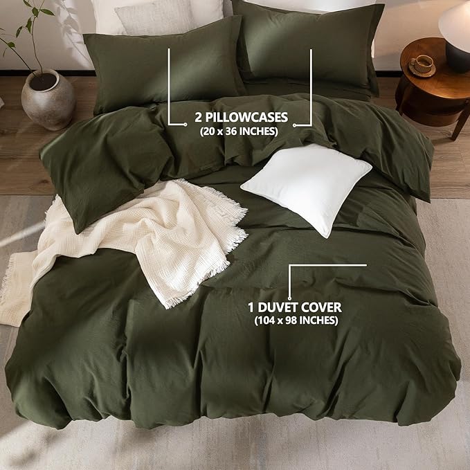 Olive Green Duvet Cover California King Size, 100% Washed Cotton Bedding Set Cover 1 Duvet Cover 104inch x 98inch with Zipper Closure and 2 Pillowcases, Olive Green