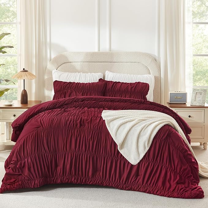 Andency Ruched Burgundy King Size Comforter Set, Shabby Chic Pleated Bedding Sets 3 Pieces, Lightweight Soft Boho Ruffle Bed Set for Girls, Kids, Women, All Season