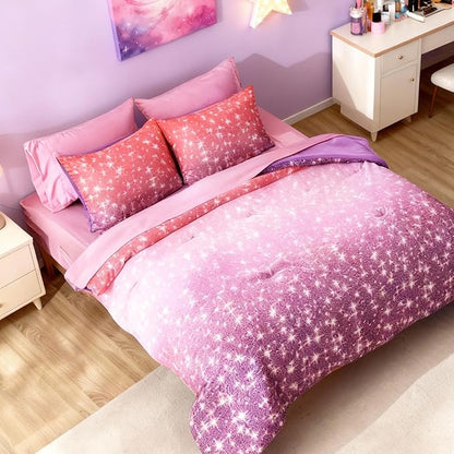 Full Comforter Set for Girls Kids - 7 Pieces Purple Galaxy Full Size Bedding Sets for Kids, Soft Cozy Bed in A Bag with Sheets