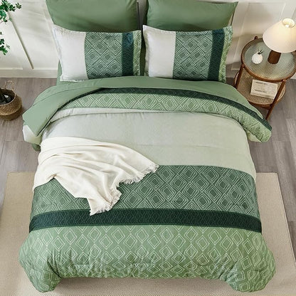 Dinjoy Queen Comforter Set Green, 7 Piece Boho Bed in a Bag Queen Size Striped Fall Bedding Sets Comforters with Plaid Bed Set with Sheets for Women Family