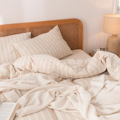 BESTOUCH Duvet Cover Set 100% Washed Cotton Linen Feel Super Soft Comfortable Chic Lightweight 3 PCs Home Bedding Set Almond Grey & White Stripes Queen