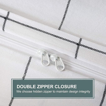 JELLYMONI 100% Natural Cotton 3pcs Plaid Duvet Cover Sets,White with Black Grid Geometric Pattern Printed Comforter Cover,with Zipper Closure & Corner Ties(Full Size)