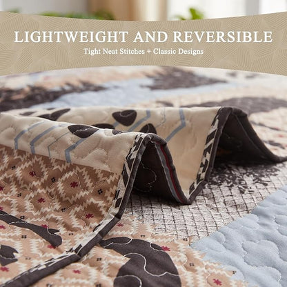 Ycosy Rustic King Size Quilt Set - Home Lodge Bedding Set with Plaid Quilts, Lightweight Reversible Bedspread Coverlet Wildlife Moose Pine Tree Bedding, and 2 Pillow Shams Decor